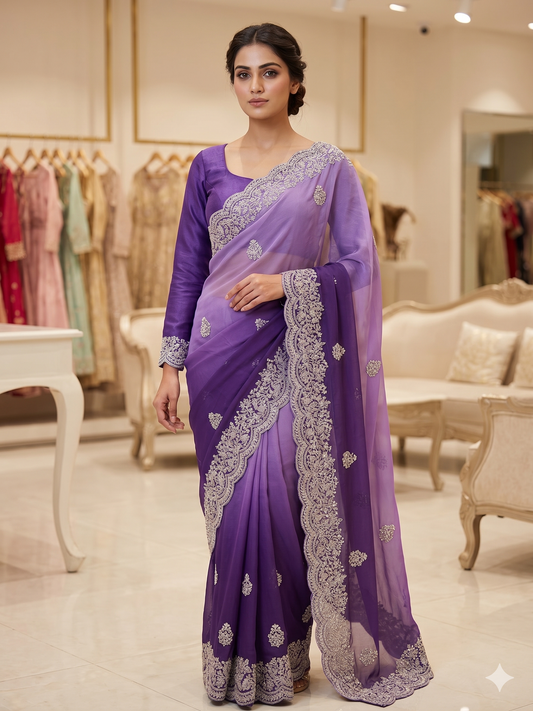 Lavender & Royal Violet Ombré Embroidered Saree with Full-Sleeve Blouse Set