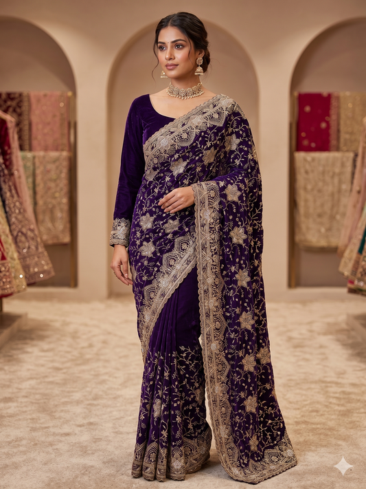 Orchid Deep Violet Georgette Saree with Full-Sleeve Blouse