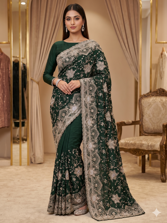 Deep Bottle Green Georgette Saree with Full-Sleeve Blouse