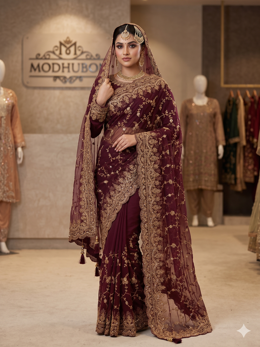 Plum Purple Embroidered Saree Set with Full-Sleeve Blouse & Net Dupatta