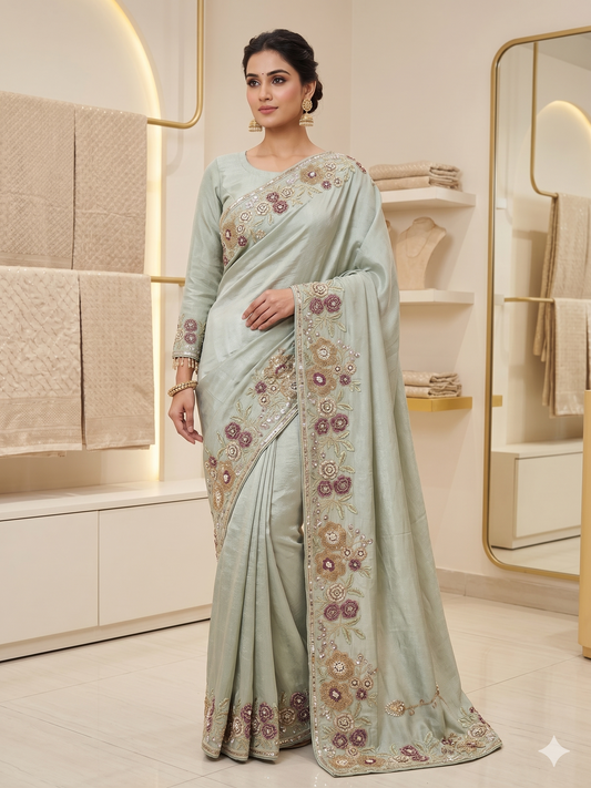 Sage Green crape silk Saree with Intricate Floral Embroidery and Embellished Full-Sleeve Blouse