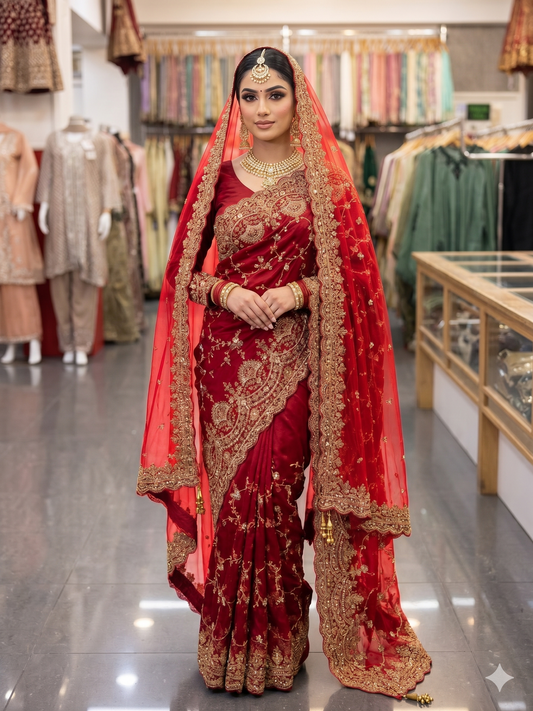 Party wear Deep Red Embroidered Saree Set with Full-Sleeve Blouse and Net Dupatta