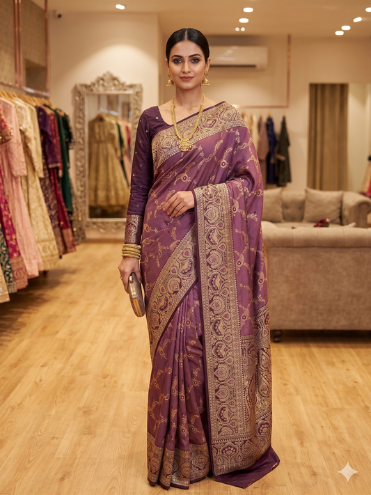 Deep Plum Silk Saree with Full-Sleeve Embroidered Blouse