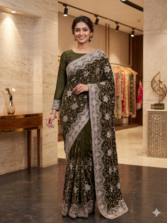 Olive Green Georgette Saree with Full-Sleeve Blouse