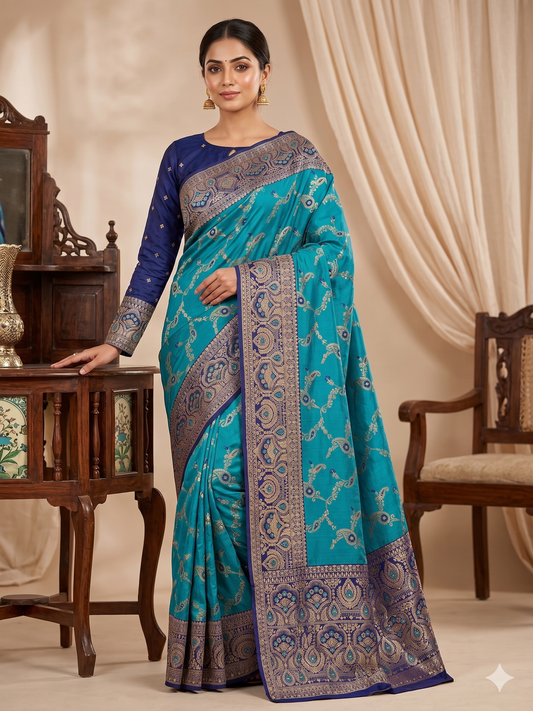 Banarasi Teal Paisley Silk Saree with Royal Blue Embroidered Border & Matching Full-Sleeve Blouse Set