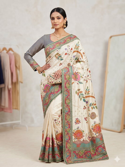 Ivory Floral Silk Saree with Teal Brocade Embroidered Full Sleeve Blouse