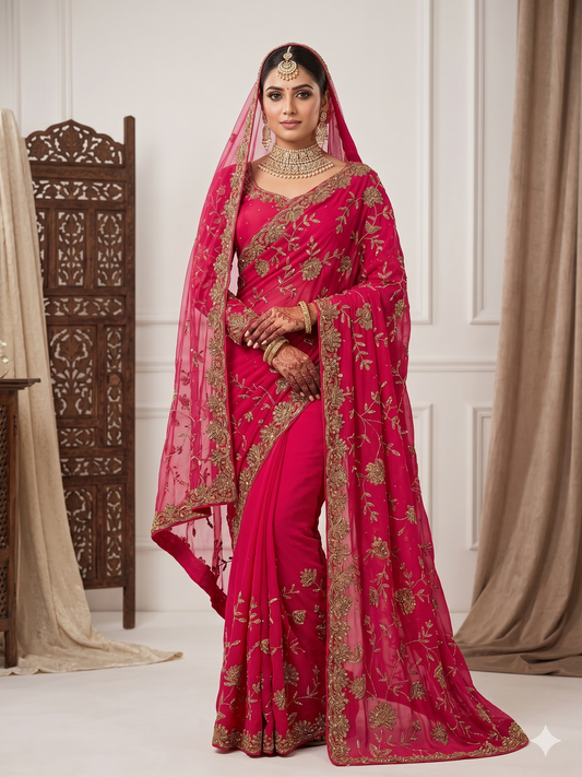 Bridal Crimson Elegance Embroidered Saree With Matching Full Sleeve Blouse.  Scarf is available seperately.