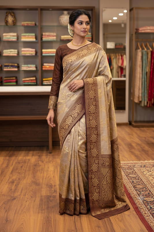 Elegant Beige Soft Katan Saree with Chocolate Brown Full-Sleeve Blouse