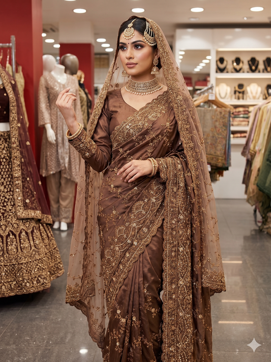 Party wear Embroidered Chocolate Brown Silk Saree with Full-Sleeve Blouse and Net Scarf