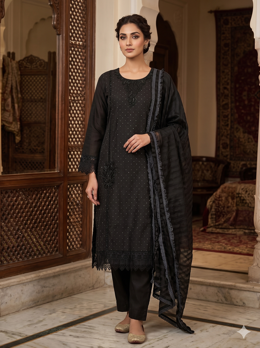 Midnight Elegance Hand-Embroidered 3-Piece Salwar Suit