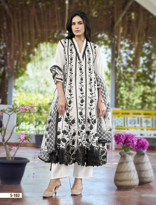 Monochrome Floral Embroidered 3-Piece Suit