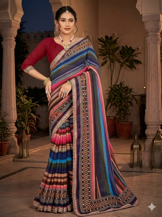 Vibrant Multi-Colored Striped Georgette Saree Set