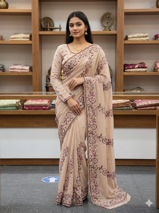 Blush Floral Pure Chinon Saree With Full Sleeve Blouse