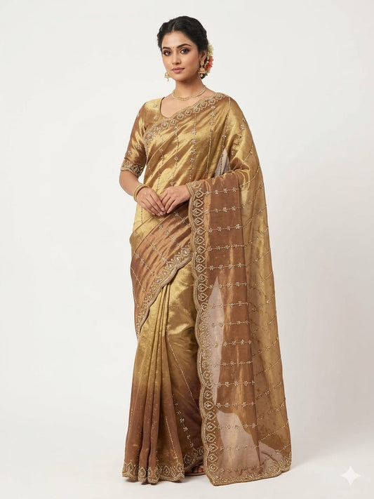 Antique Gold Tissue Saree with ready made blouse