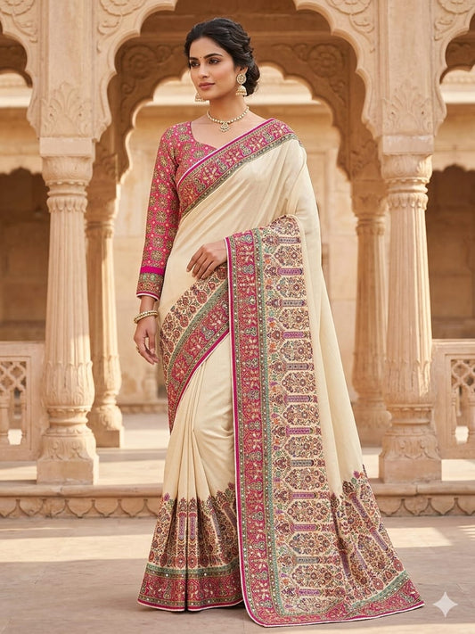 Khaani Silk,  Cream & Pink Kashmiri Style Khaani silk Saree With matching ready made blouse