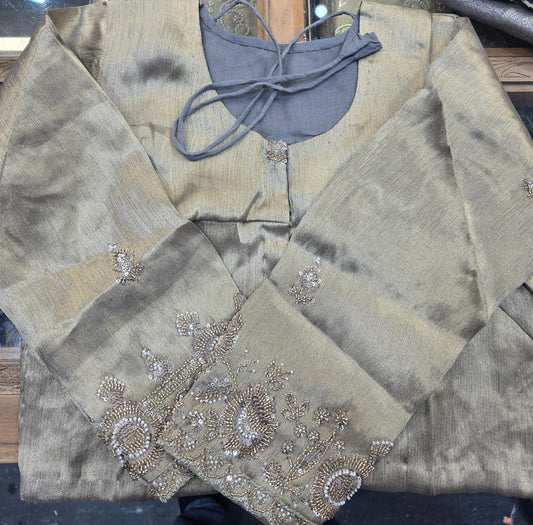 Elegant Grey Jacquard Saree with Golden Embroidered Full Sleeve Blouse