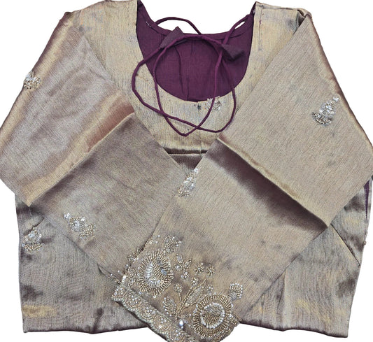 Mauve Silk-Blend Brocade Saree with Embroidered Full-Sleeve Blouse