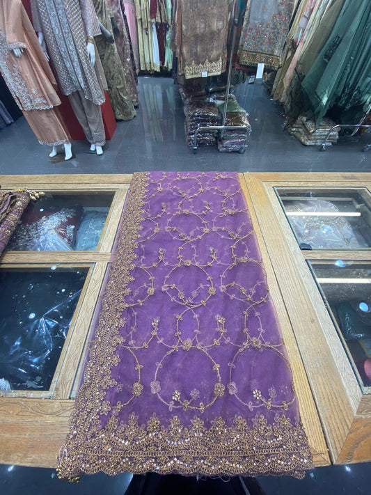 Party wear Deep Plum Silk-Blend Saree Set with Embroidered Full-Sleeve Blouse and Net Scarf