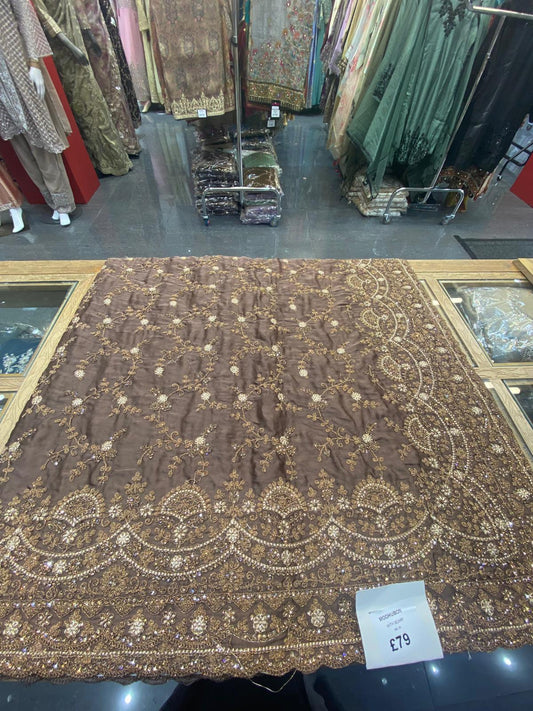 Party wear Embroidered Chocolate Brown Silk Saree with Full-Sleeve Blouse and Net Scarf