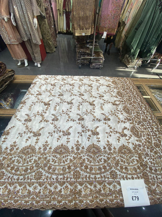 Party wear Ivory & Antique Gold Embroidered  Saree with Full Sleeve Blouse and Net Scarf