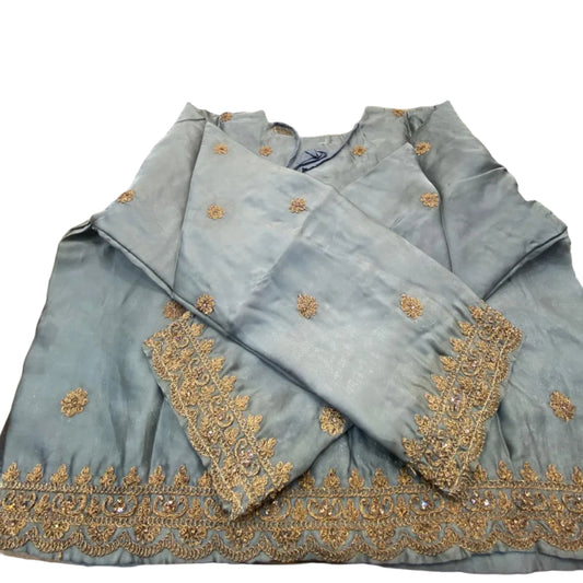 Metallic Grey Satin Saree with Intricate Antique Gold Embroidery