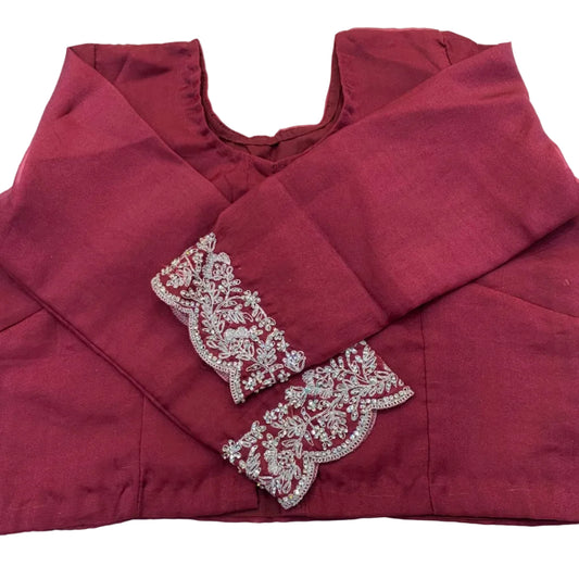 Crimson & Champagne Ombré Embroidered Saree with Full-Sleeve Blouse