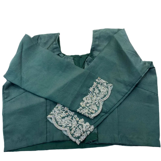 Mint & Deep Teal Ombré Embroidered Saree with Full-Sleeve Blouse