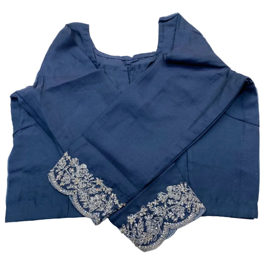Sky & Ocean Blue Ombré Embroidered Saree with Full-Sleeve Blouse
