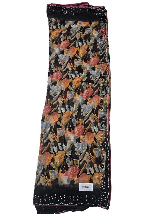 Dholki Floral Georgette Saree with Embellished Border and Full-Sleeve Blouse