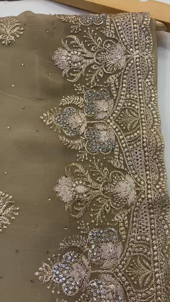 Beige Gold Embroidered Georgette Saree with Matching Full-Sleeve Blouse Set