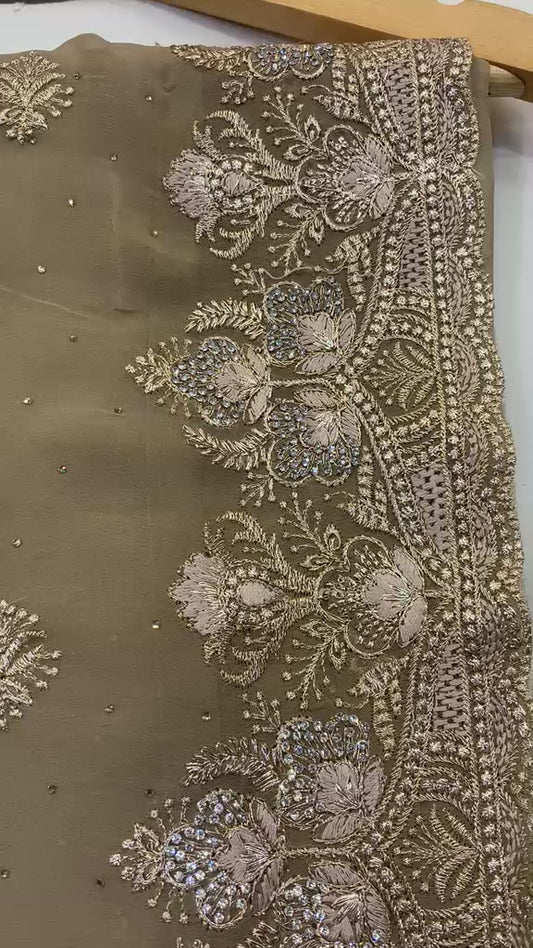 Beige Gold Embroidered Georgette Saree with Matching Full-Sleeve Blouse Set
