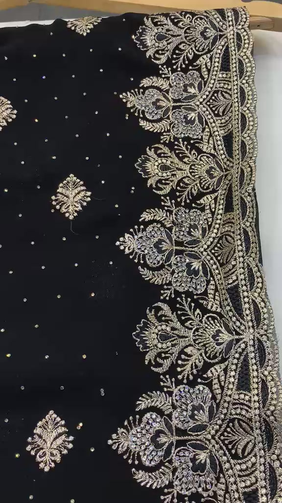 Classic Black Embroidered Georgette Saree with Matching Full-Sleeve Blouse Set