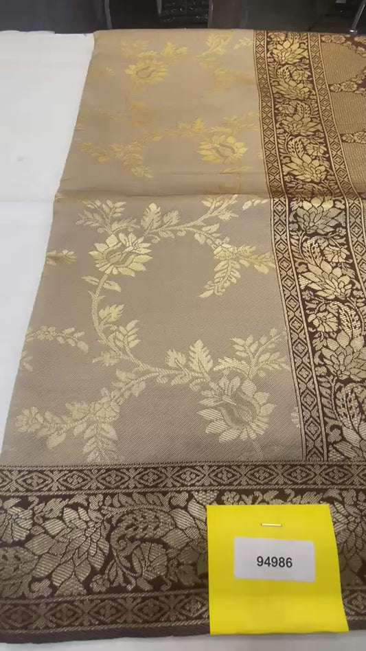 Elegant Beige Soft Katan Saree with Chocolate Brown Full-Sleeve Blouse
