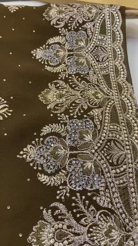 Chocolate Brown Embroidered Georgette Saree with Matching Full-Sleeve Blouse Set