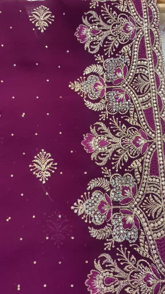 Magenta Purple Embroidered Georgette Saree with Matching Full-Sleeve Blouse Set