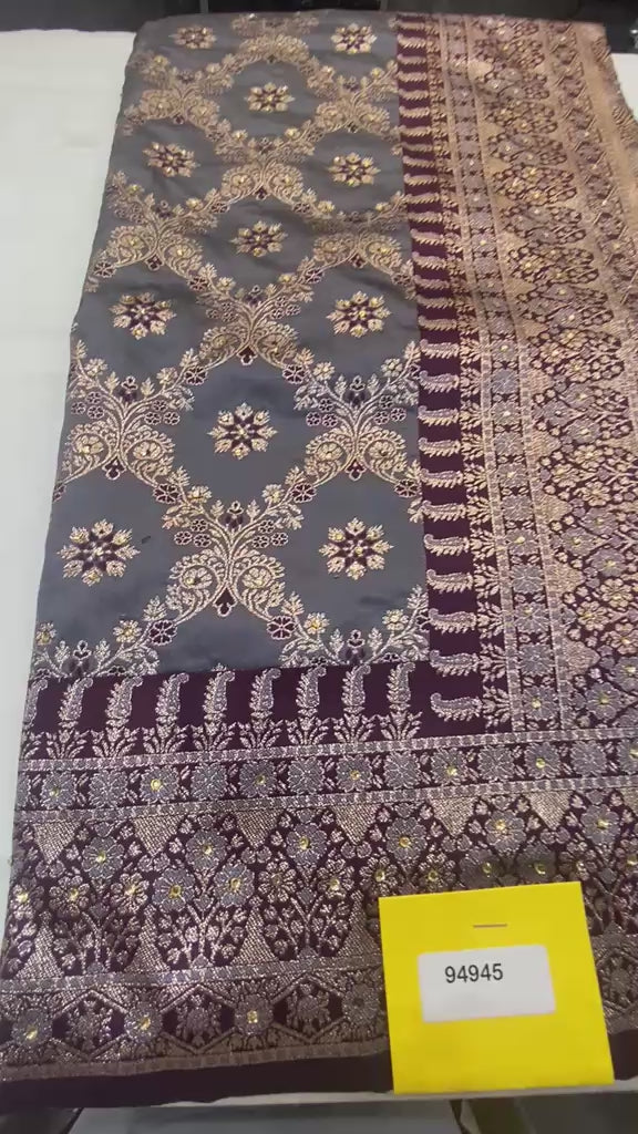 Elegant Slate Grey Banarasi Silk Saree with Deep Wine Embroidered Blouse