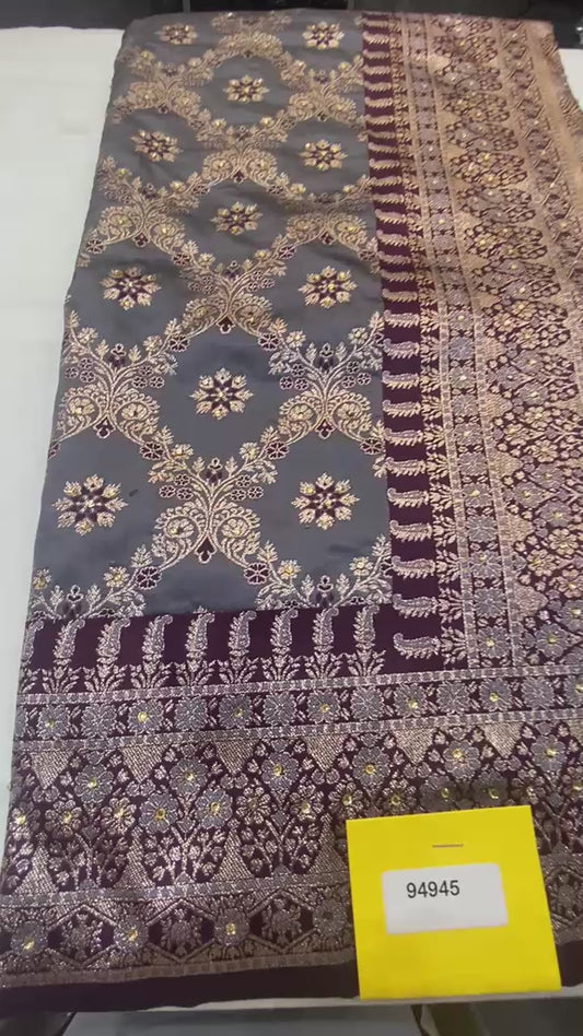 Elegant Slate Grey Banarasi Silk Saree with Deep Wine Embroidered Blouse