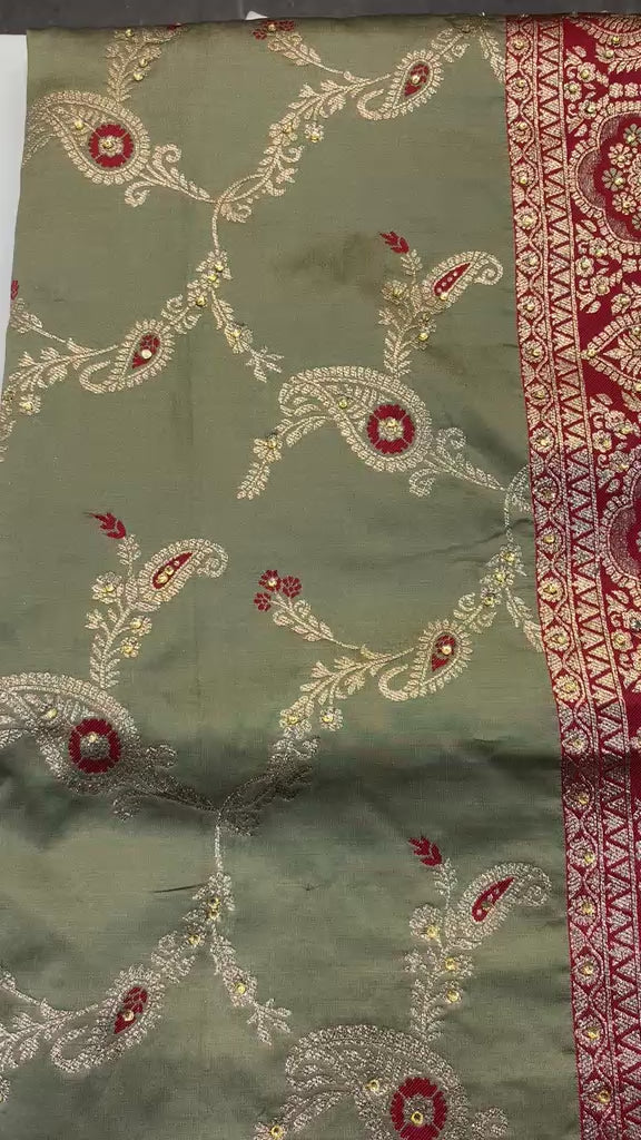 Banarasi Olive Green Silk Saree with Full-Sleeve Blouse