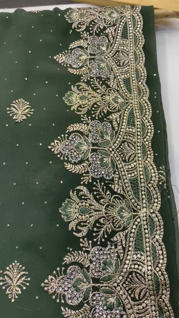 Emerald Green Embroidered Georgette Saree with Matching Full-Sleeve Blouse Set