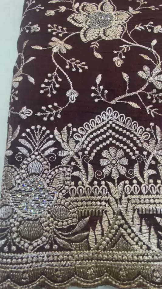 Deep Maroon & Antique Gold Embroidered Saree with Full-Sleeve Blouse