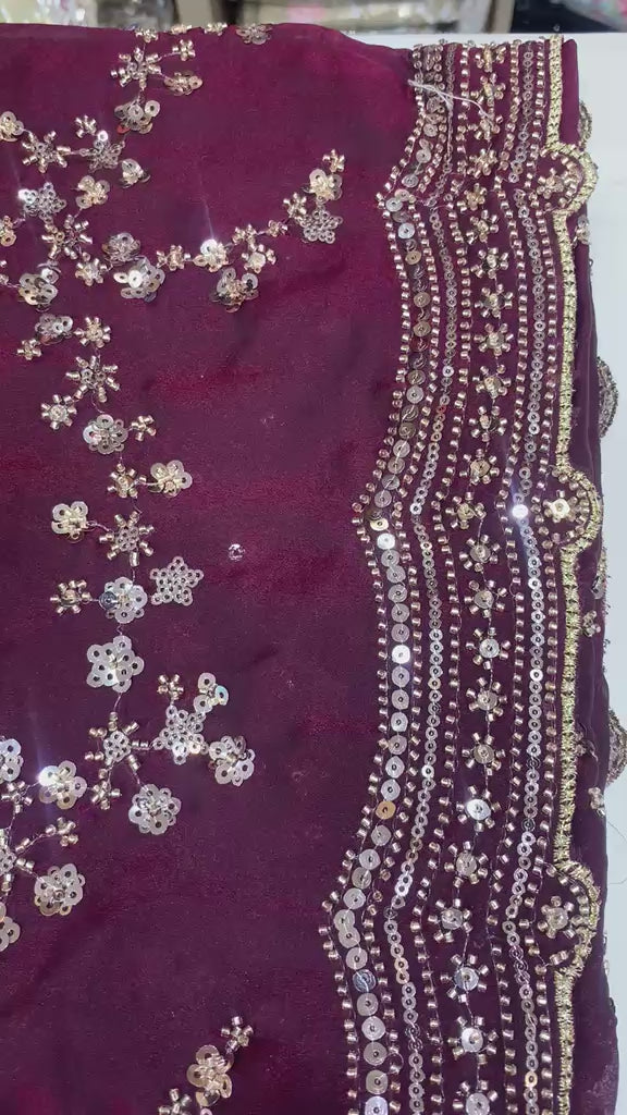 VIRAL SAREE - Deep Wine Saree with  Floral Sequin Embroidery with Elegant Full-Sleeve Blouse