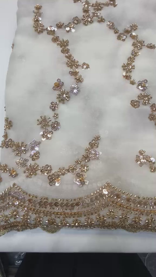 Viral White & Gold Embroidered Saree with Designer Full Sleeve Blouse