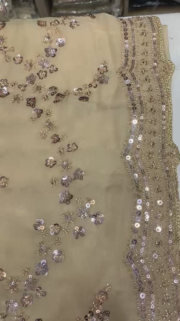VIRAL SAREE - Elegant Beige Saree with Sequined Floral Vines & Full-Sleeve Blouse
