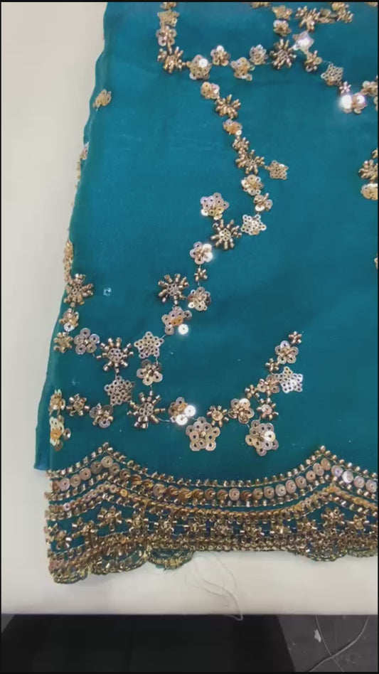 VIRAL Elegant Teal Saree with Full-Sleeve Embellished Blouse