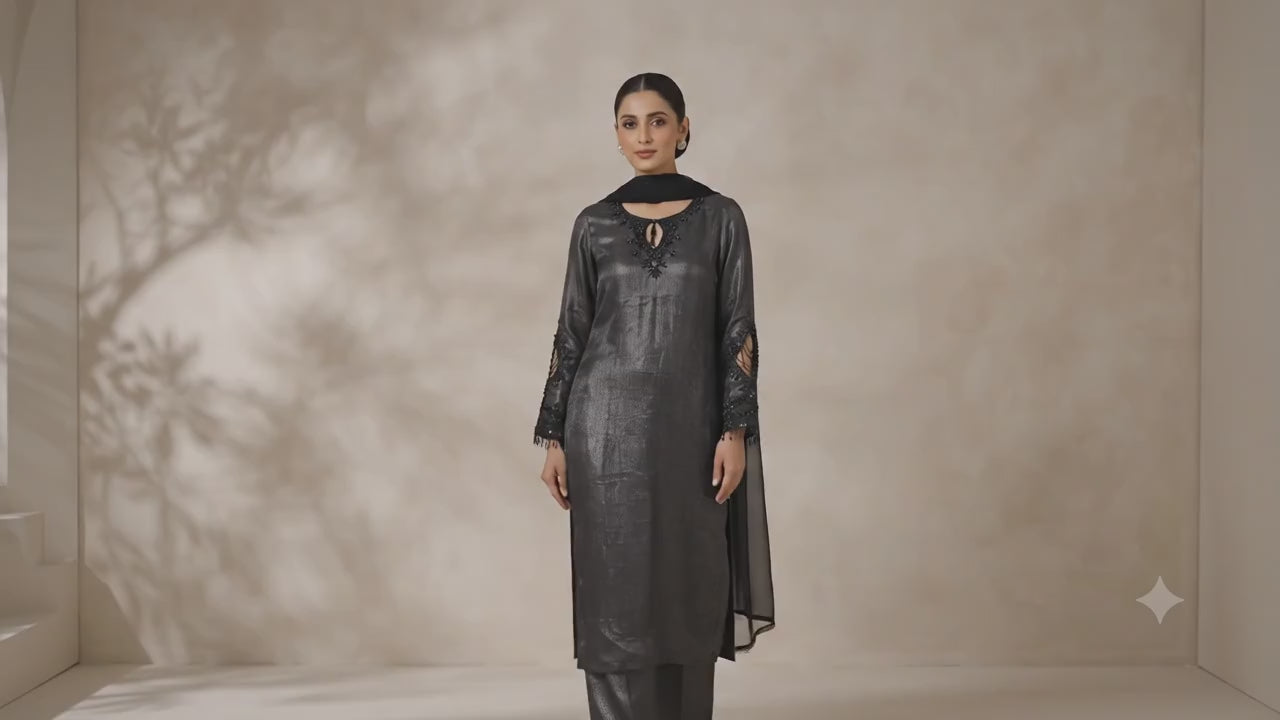 Midnight Black Shimmer Embellished Kurta Set with Dupatta