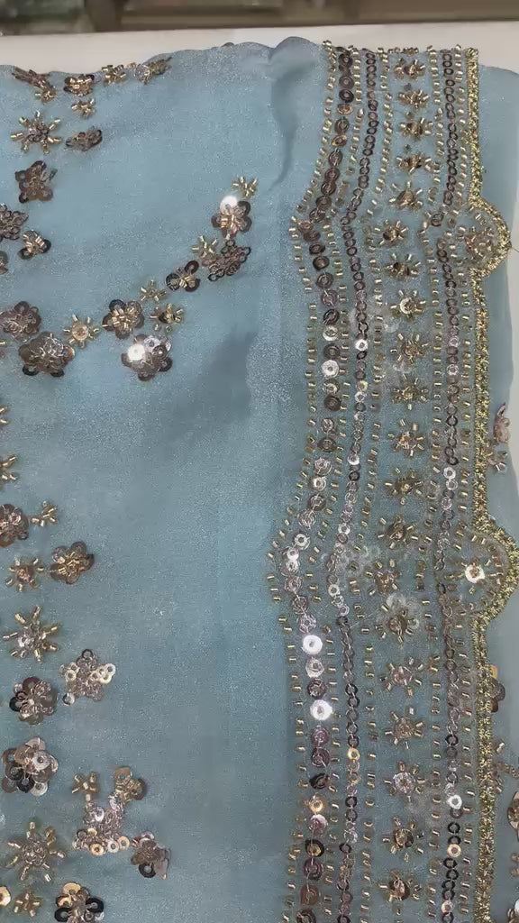 VIRAL SAREE - Sky Blue Saree with Sequin & Floral Embroidery With Full Sleeve blouse