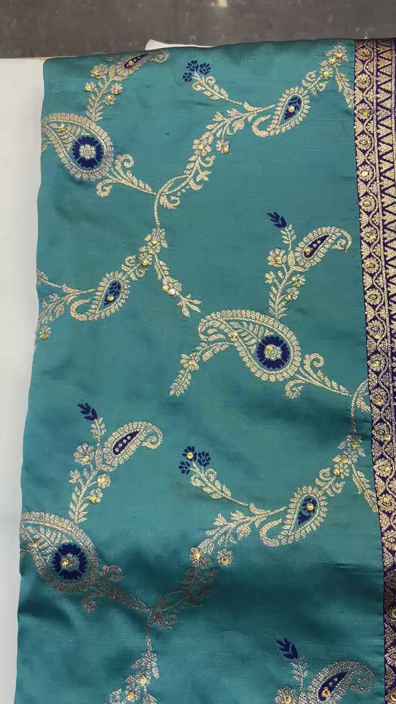 Banarasi Teal Paisley Silk Saree with Royal Blue Embroidered Border & Matching Full-Sleeve Blouse Set