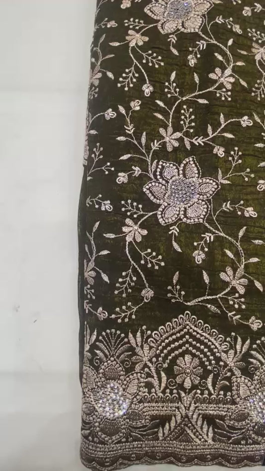 Olive Green Georgette Saree with Full-Sleeve Blouse