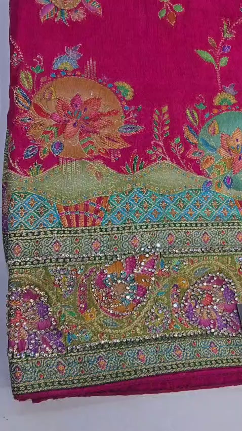 Vibrant Magenta Saree with Intricate Floral Embroidery and Matching Brocade Blouse