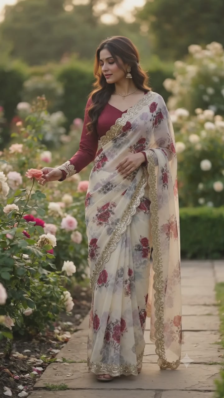 Floral Elegance Saree with beads work and silver stones.